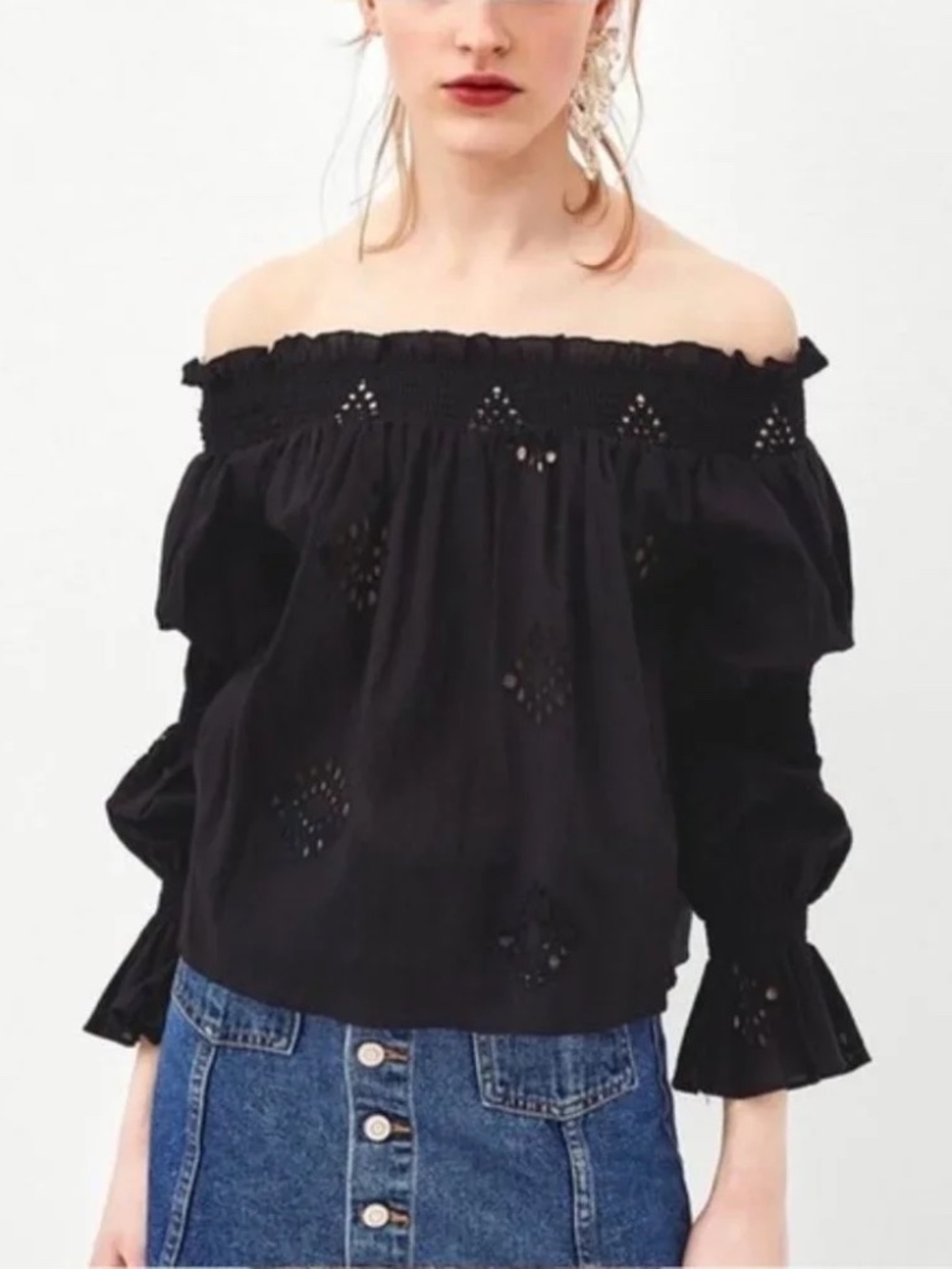 ZARA Black Eyelet Off Shoulder Bell Sleeve Boho Top